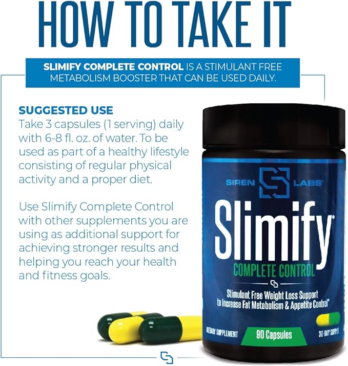 SLIMIFY Complete Control Stimulant-Free Weight Loss Supplement - Supports Metabolism Appetite Control &amp Energy Boosting Appetite Suppressant Belly Fat Burner - 60 Capsules