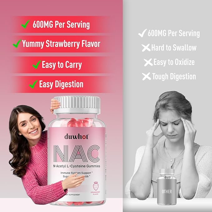NAC Gummies 600mg N Acetyl Cysteine Supplement NAC Chewable for Antioxidants &amp Immune Support Lung &amp Liver Health Natural Strawberry Flavor 60ct
