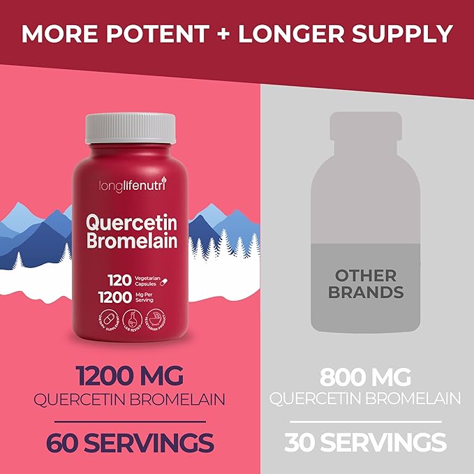 LongLifeNutri Quercetin 1000mg with Bromelain 200mg - 120 Vegetarian Capsules Organic Dihydrate Complex for Joint Mobility &amp Respiratory Balance 2-Month Supply GMP Certified Made in USA