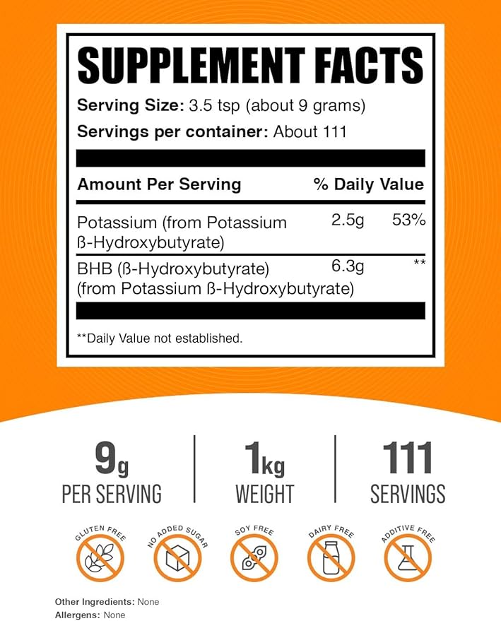 BulkSupplements.com Potassium BHB Powder - Beta-Hydroxybutyrate Powder Unflavored Potassium BHB Supplement - Vegan &amp Gluten Free 9g per Serving 1kg (2.2 lbs) (Pack of 1)