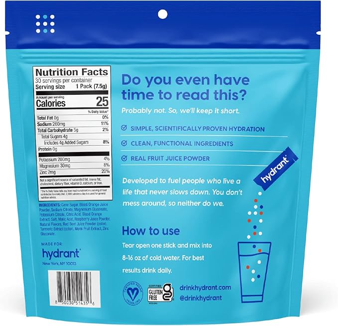 Hydrant - Hydration Powder Blood Orange Flavor 30 Individual Instant Electrolyte Rehydration Packets - Low Sugar Drink Mix for Daily Use Travel &amp Workouts