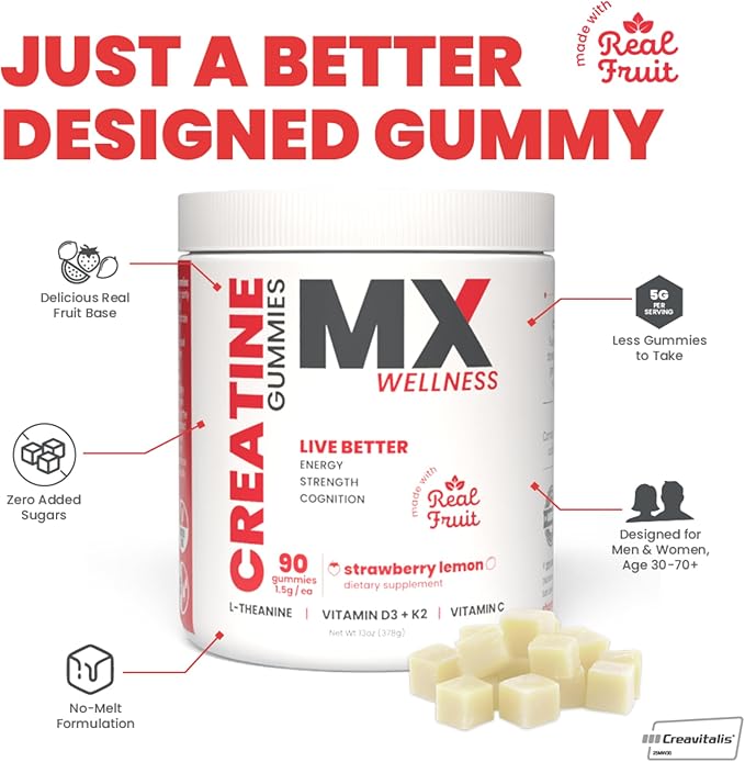 Creatine Monohydrate Gummies for Men &amp Women – Real Fruit Gummy Supplement for Muscle Growth Recovery Longevity Cognitive Health &amp Memory – 90 Chews (90 Gummies Strawberry Lemon)