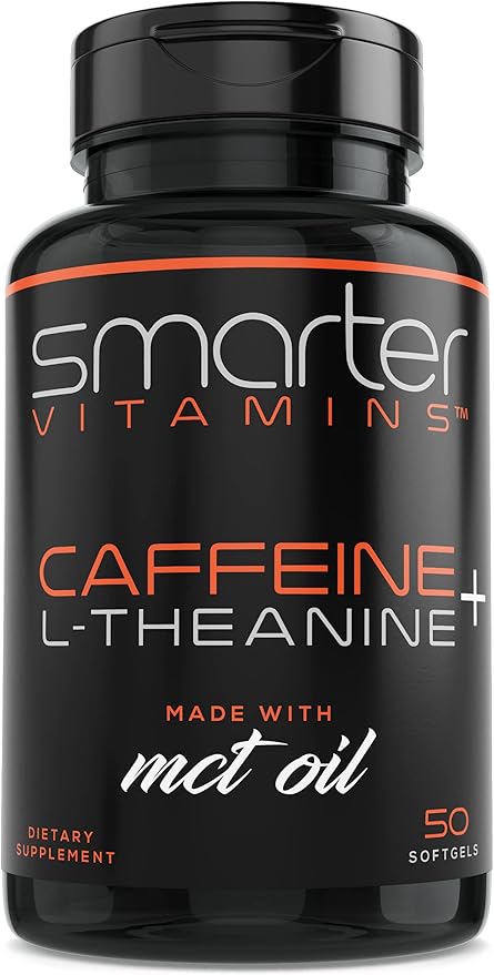 SmarterVitamins 200mg Caffeine Pills - MCT Oil from 100% Coconuts + 100mg L-Theanine Energy and Focus Extended Release Capsule 50 Liquid Softgels
