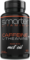 SmarterVitamins 200mg Caffeine Pills - MCT Oil from 100% Coconuts + 100mg L-Theanine Energy and Focus Extended Release Capsule 50 Liquid Softgels