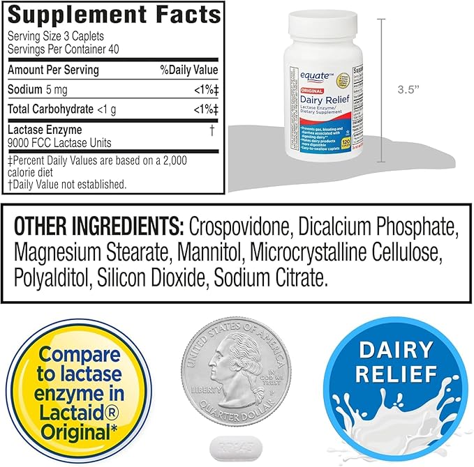 Dairy Relief Caplets Original Lactase Enzyme 120 Pills by Equate (Pack of 1) + Sticker