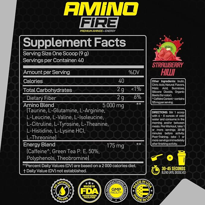 Forzagen Amino Fire | Essential Amino Energy Powder for Pre-Workout | BCAA Energy Boost &amp Muscle Recovery Drink Mix Enhance Focus &amp Concentration Dietary Supplement | Strawberry Kiwi 40 Ser