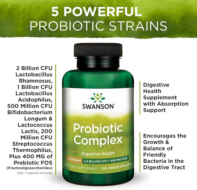 Swanson Probiotic Complex 4.2 Billion CFU 5-Strain Digestive Health Fat Metabolism Satiety Prebiotic FOS Complex Supplement 120 Veggie DRcaps