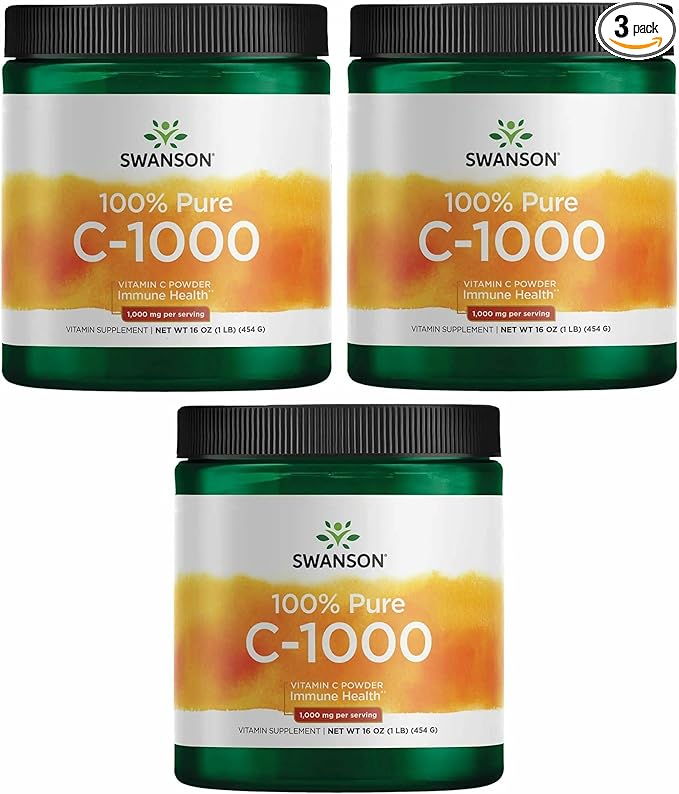 Swanson Vitamin C Powder 100% Pure Ascorbic Acid Immune System Support Skin Health Cardiovascular Health Antioxidant Supplement 1000 mg (per Serving) 1 lb. 454 g (3 Pack)