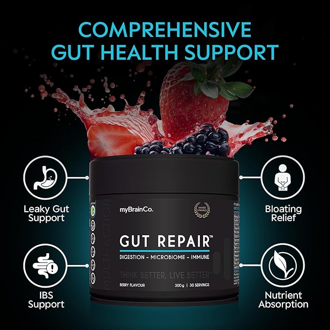 myBrainCo. Gut Repair – Gut Health &amp Digestion Support Powder for IBS Bloating Reflux &amp Leaky Gut – Low FODMAP Certified with Probiotics Prebiotics Enzymes &amp Glutamine – 310g