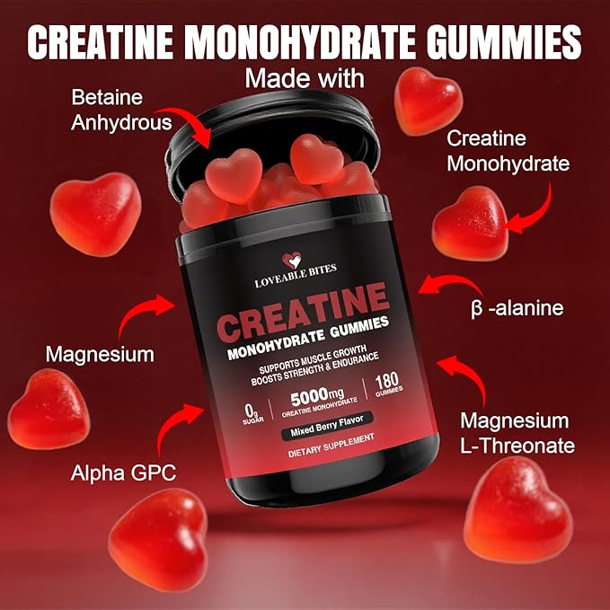 Loveable Bites Creatine Monohydrate Gummies – 5000mg Creatine Gummies for Men &amp Women | Supports Muscle Strength Endurance Energy &amp Recovery | Sugar-Free Vegan Mixed Berry Flavor 180 Coun