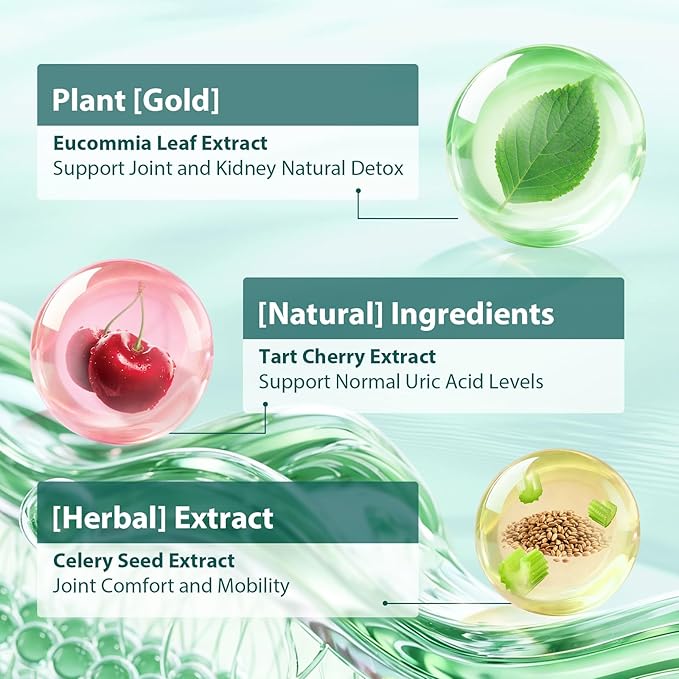 Natural Purge Uric Acid Flush Support Uric Acid Cleanse and Balance Joints and Mobility Tart Cherry Celery Seed and Eucommia Leaf Extract Feet and Joint Support Supplement 60 Capsules