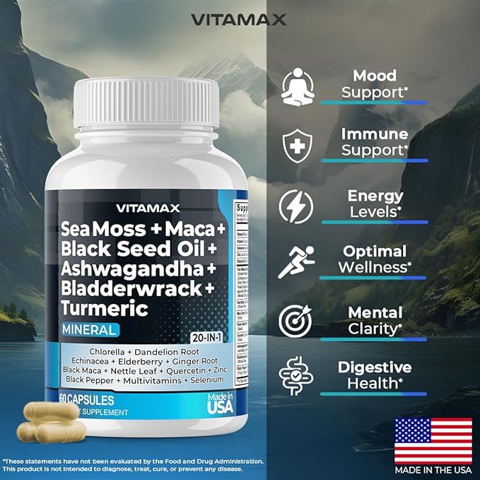 Sea Moss Maca Black Seed Oil Ashwagandha Bladderwrack Turmeric - Elderberry Vitamins C &amp D3 Dandelion &amp Black Pepper - Made in USA- 120ct