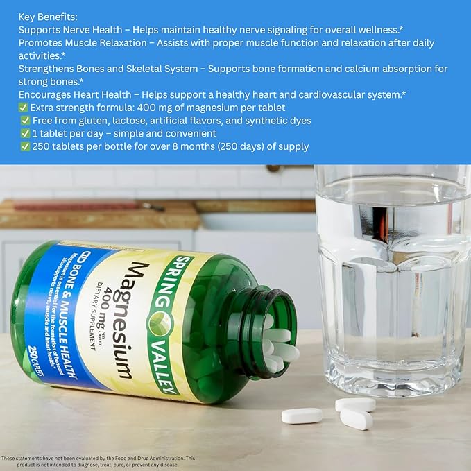 250 Count SPR -ing Valle Extra Strength Magnesium Oxide 400 mg – Over 8 Months of Supply (250 Days) + Vitamin Guide Included Muscle &amp Bone Health