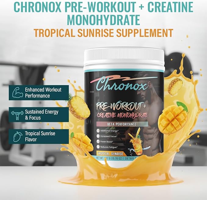 Creatine Monohydrate Powder with Tropical Sunrise Flavor - Premium Pre-Workout for Men &amp Women to Boost Energy &amp Stamina - Mass Gainer supplement for Strength Focus Recovery &amp Active Tra