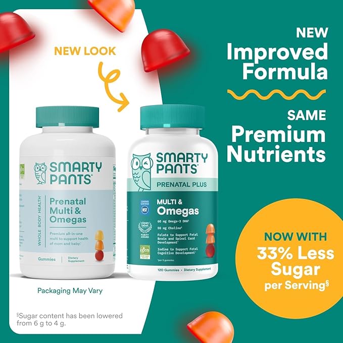 SmartyPants Prenatal Multivitamin Gummies Omega 3 (DHA/EPA) Methylfolate Biotin Vitamin D3 C Vitamin B12 B6 Vitamin A K &amp Zinc Gluten Free 120 Count (40 Day Supply)