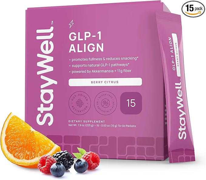 Stay-Well Naturals GLP-1 Probiotic | Akkermansia GLP-1 Supplement Fiber GLP 1 Booster | Probiotic and Fiber Support with Inulin Psyllium PHGG and Soothing Ginger Extract - Berry Citrus 15 Ct.