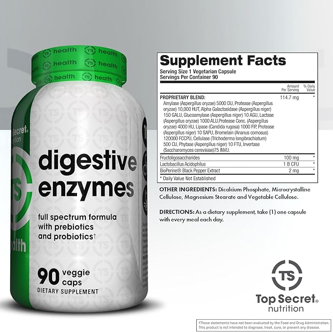 Top Secret Nutrition Digestive Enzymes | Full Spectrum Prebiotics &amp Probiotics | 10 Enzymes | for Gut Health Bloating &amp Nutrient Absorption | 90 Capsules