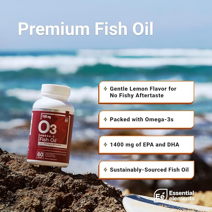 Essential Elements Omega-3 Fish Oil Supplement with EPA &amp DHA | Fatty Acids for Immune Heart &amp Cognitive Support | Omega-3 Fish Oil 120 Softgels (2-Pack)