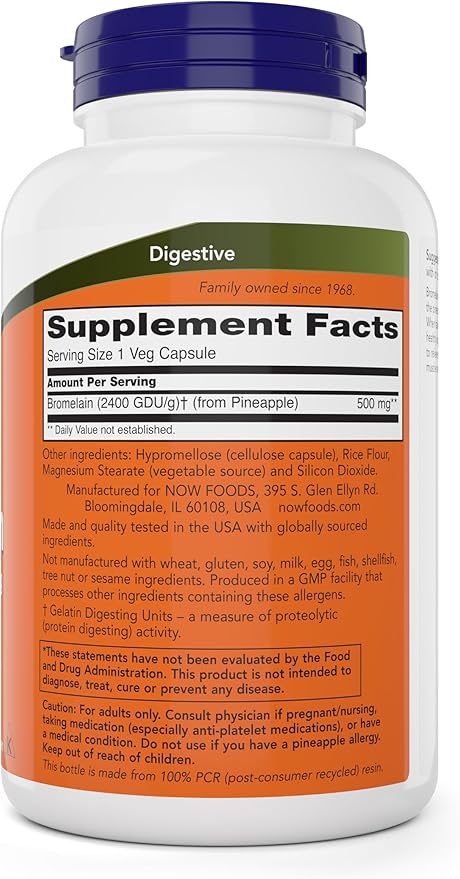 Now Bromelain 500 mg 200 Veg Capsules - Natural Pineapple Proteolytic Enzyme Supplement 2400 GDU