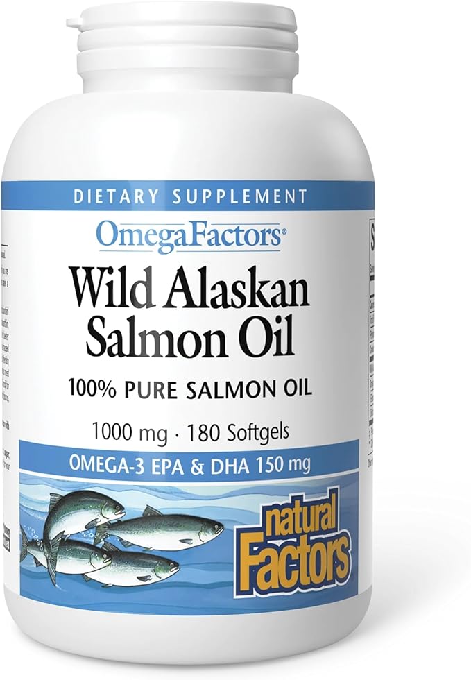 Natural Factors Wild Alaskan Salmon Oil Provides Omega-3 EPA DHA &amp Vitamin D Supports Brain &amp Heart Health 180 Softgels