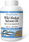 Natural Factors Wild Alaskan Salmon Oil Provides Omega-3 EPA DHA &amp Vitamin D Supports Brain &amp Heart Health 180 Softgels