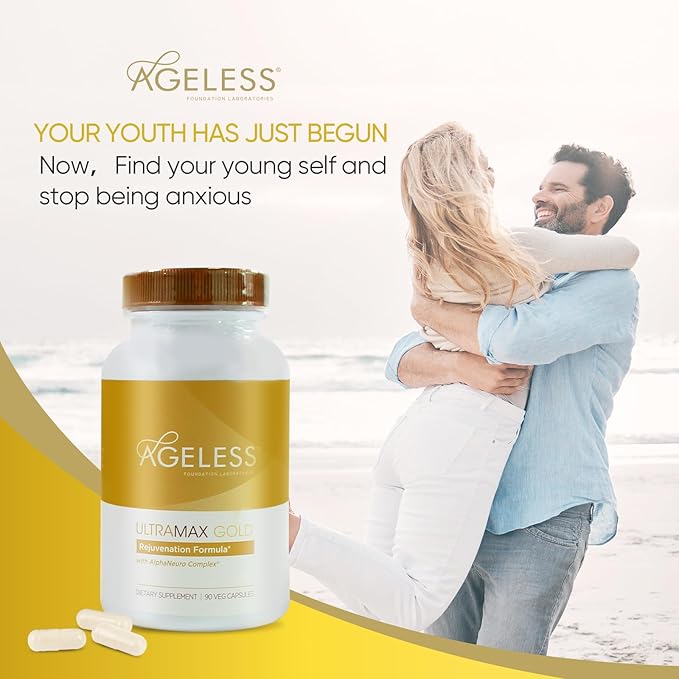 AGELESS™: UltraMAX Gold™ Capsules HGH Anti-Aging Supplement for Women Slows Cellular Aging Supports Immune Health Smoother Skin Tone and Restorative Sleep Weight Management 90 Capsules
