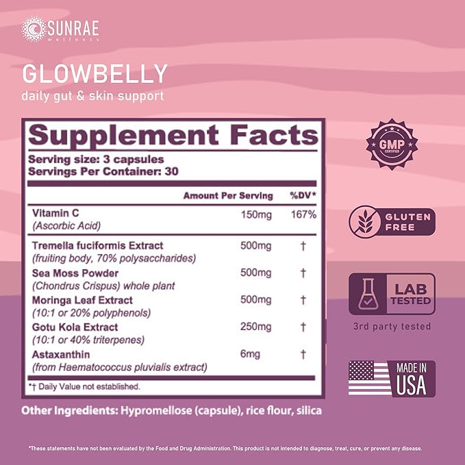 Glowing Skin Supplement with Gotu Kola Moringa Sea Moss Astaxanthin &amp Tremella Mushroom – for Skin Hydration Gut Health Anti-Aging &amp Radiance – 90 Capsules