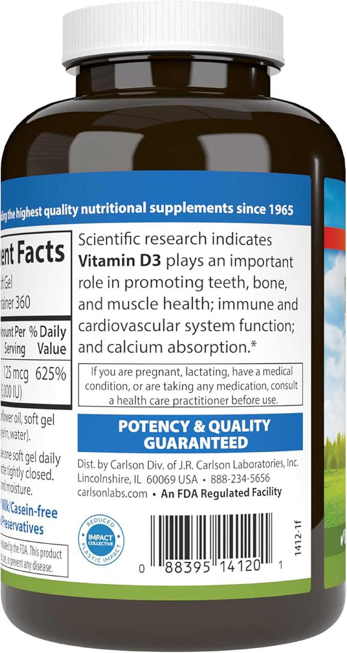 Carlson - Vitamin D3 5000 IU (125 mcg) Bone Health Muscle Health Cholecalciferol Vitamin D Supplements Vitamin D3 Soft Gels 360 Softgels