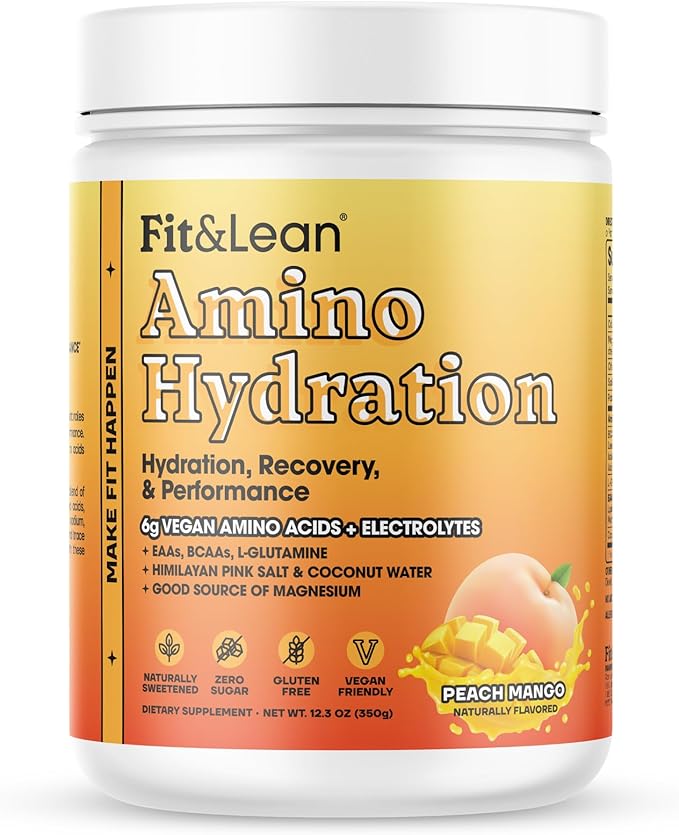 Fit&ampLean Amino Hydration Naturally Sweetened Workout Recovery Drink 6g Vegan Amino Acids Essential Amino Acids EAA BCAA Glutamine Electrolytes 30 Servings (30 Serve Peach Mango)