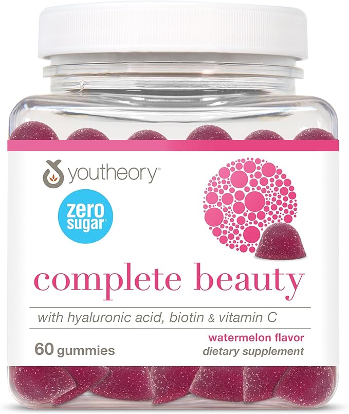 Youtheory Complete Beauty Gummies Watermelon Flavor Featuring hyaluronic Acid biotin &amp Vitamin C 60 Vegetarian Gummies