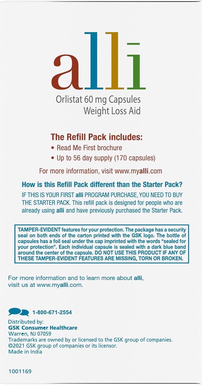 alli Diet Weight Loss Supplement Pills Orlistat 60mg Capsules 170 Count