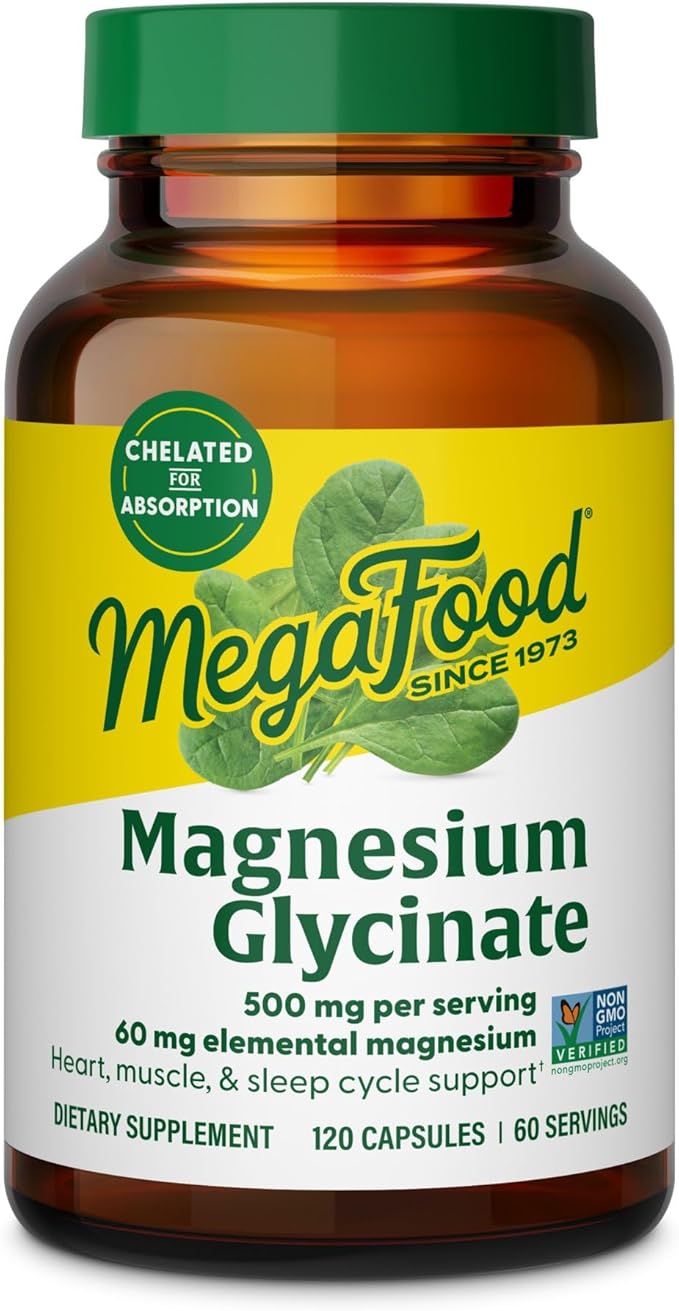 MegaFood Magnesium Glycinate 500mg - Chelated Magnesium Supplement - 60mg Elemental Magnesium - Gentle on the Stomach - Supports Normal Sleep Cycle &amp Healthy Stress Response - 120 Capsules 60 Serv