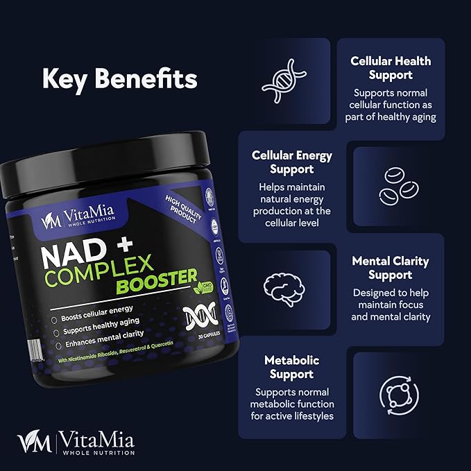 VitaMia NAD+ Complex Booster 30 Capsules – NAD Supplement with Nicotinamide Riboside Resveratrol &amp Quercetin for Cellular Energy Focus &amp Healthy Aging Support – NAD Plus Formula for Men &am