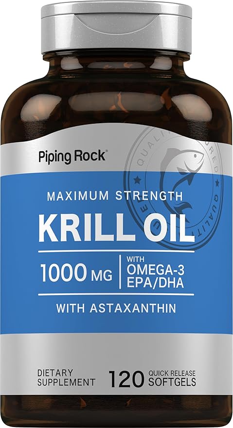 Piping Rock Krill Oil Omega 3 Softgel Capsules | 1000mg | 120 Count | EPA DHA Supplement with Astaxanthin | Maximum Strength | Non-GMO Gluten Free
