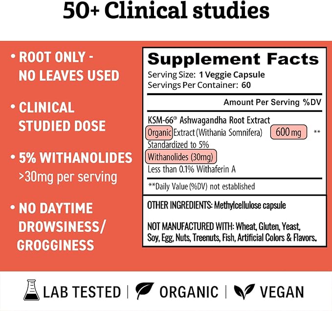 Ashwagandha KSM 66 Organic – KSM-66 ashwagandha 600mg Root Extract Full Spectrum Capsules | Standardized 5% Withanolides | Natural Stress Relief Cortisol &amp Sleep Aid Supplement | Muscle Growth &a
