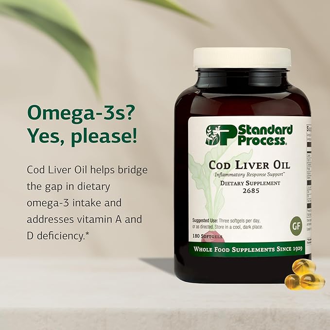 Standard Process Cod Liver Oil - Aids Healthy Skin &amp Eyes with Omega-3 Fatty Acids &amp Vitamins A and D - Bone &amp Tooth Health Support - Gluten-Free Non-Dairy &amp Non-Soy - 180 Softgels (6