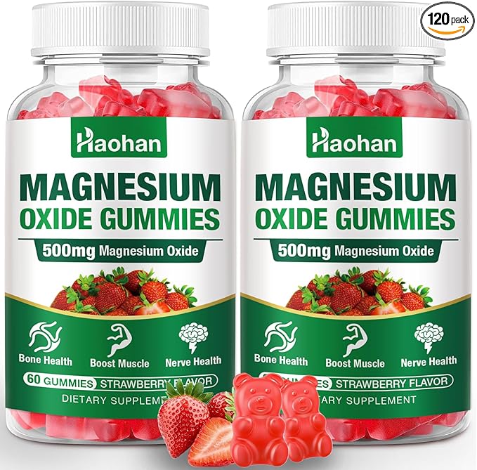 Magnesium Oxide Gummies 500mg - Strawberry Flavor Chewable Supplement for Adults &amp Kids with Nerve &amp Muscle Support - Vegan Non-GMO 120 Count