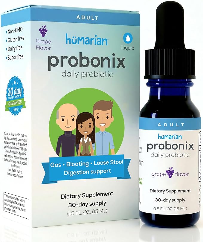 Probonix Humarian Liquid Probiotics for Adults - 12-Strain Probiotic Drops to Fortify Gut Health Immunity and More - 30-Day Supply - Delicious Grape Flavor