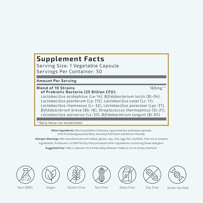 VTC VitaTradingCo. Probiotic 25 Billion CFU | 10 Clinically Validated Strains | Naturally Colonizing | Daily Gut Digestive &amp Immune Support | 50 Veggie Capsules