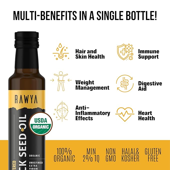 RAWYA Black Seed Oil | Extra Strong Taste With TQ Cold Pressed Nigella Sativa Non-GMO Glass Bottle + RAWYA Black Pit Oil - Unrefined Premium With TQ Cold Pressed Natural 8.4 Fl Oz