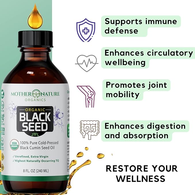 Mother Nature USDA Organic Black Seed Oil High TQ 2% Cold Pressed Unrefined Nigella Sativa Omega 3 6 9 for Immune Joint &amp Heart Support Hair &amp Skin Non-GMO Glass Bottle (8oz)