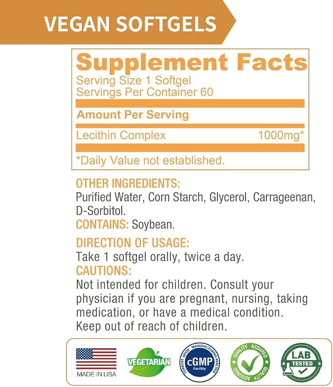 Lovita Lecithin 1000mg per Softgel 35% Phosphatidyl Choline | Lactation Brain &amp Nerve Support | Vegan Non-GMO 60 Softgels