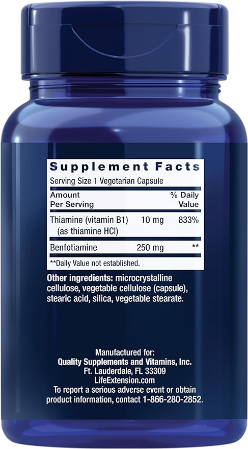 Life Extension Mega Benfotiamine 250 mg a fat-soluble form of thiamine healthy metabolism ultra-bioavailable vitamin B1 high potency gluten-free non-GMO vegetarian 120 capsules