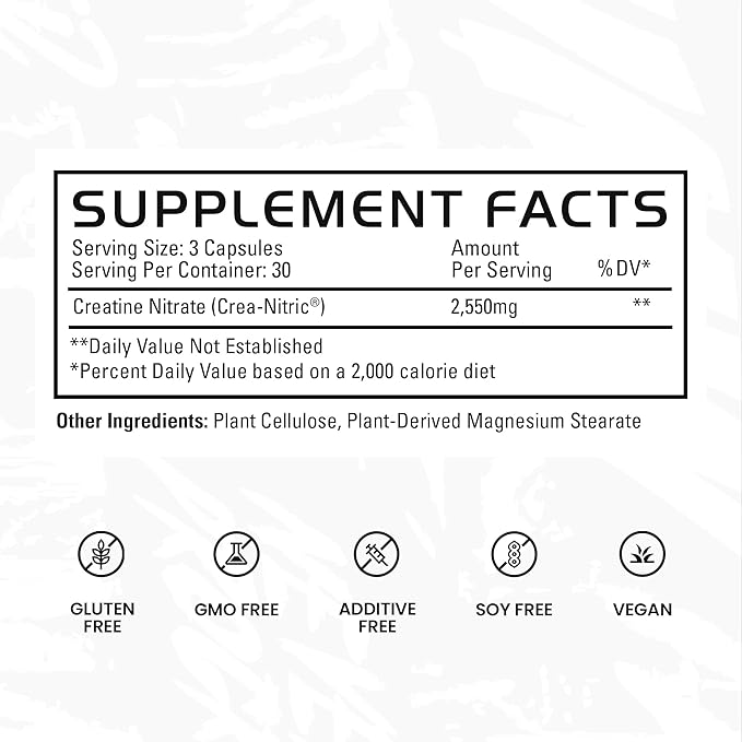 Gains in Bulk Crea-Nitric Creatine Nitrate Pre Workout Supplement Nitric Oxide Support Promotes Muscle Strength Pump and Non-Stim Energy Supplements for Men and Women Gluten Free 90 Capsules