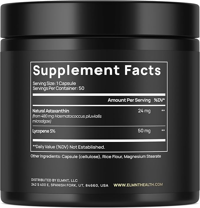 Astaxanthin 24mg + Lycopene 50mg Clinical Strength Carotenoids Skin Supplement w. 100% Natural from MicroAlgae - Best Astaxanthin Supplements for Skin Health &amp Pigmentation - Astaxantina