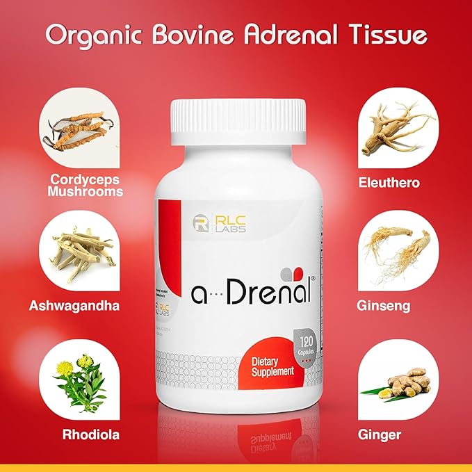 RLC Labs a-Drenal 240 Capsules - Herbal Cortisol Supplement with Ashwagandha Ginger &amp Rhodiola to Support Balance Mood Energy &amp Vitality - Adrenal Support Formula for Adult (2 Month Suppl