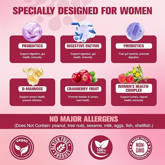 Totaria Probiotics for Women 120 Billion Women Probiotic with Akkermansia Digestive Enzymes &amp Prebiotics Cranberry D-Mannose for Gut Vaginal Urinary Immune PH Balance 120 Vegan Capules