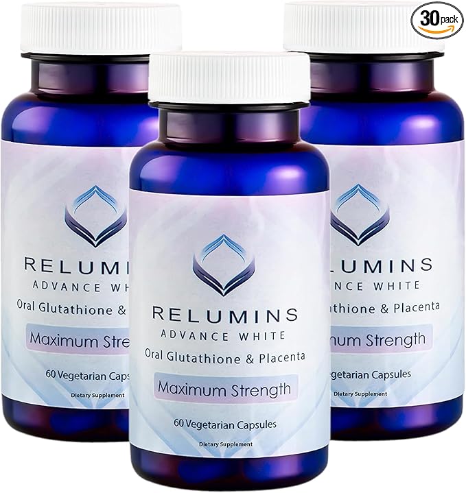 Relumins Advanced White Glutathione Capsules - Max Strength Brightening Supplement with ALA Placenta Rose HIPS &amp Vitamin C - Fights Oxidative Stress Supports Collagen &amp Made in USA - 3 Bott
