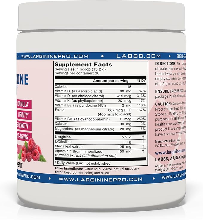 L-ARGININE PRO 2-Pack Raspberry Jar and 30 Single Serve Packets Great Tasting! | Blood Flow | Pre-Workout Drink | with Vitamins C B6 B12 K &amp More
