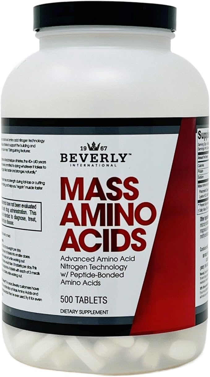 Beverly International Mass Amino Acids 500 Tabs. Use Pre-Post Workout with Meals Essential for Muscle Recovery and Repair. Complete Amino Acid Profile